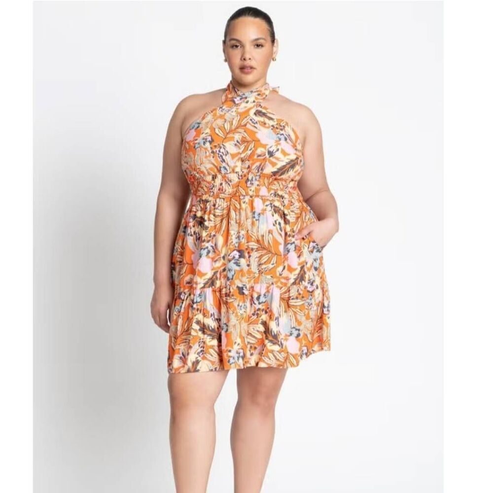 NWT Eloquii Plus Size 24 Halter Flare Mini Dress with Tie Back in Luxe Tropics
